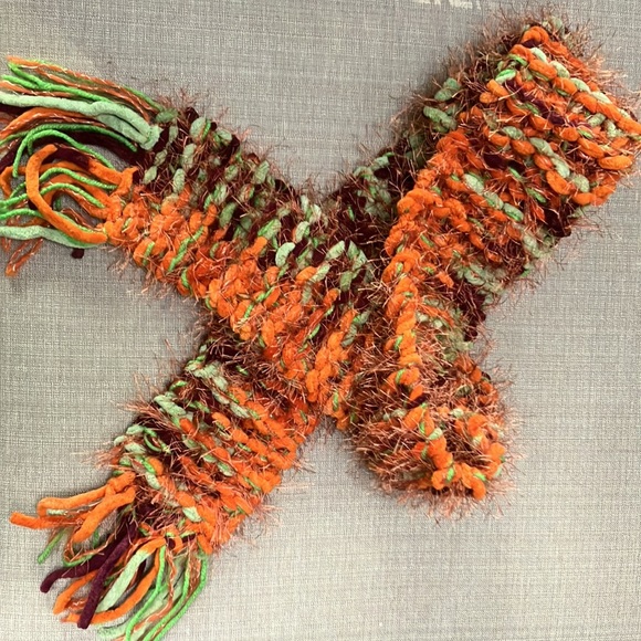 Fall/winter 66” long (4”wide) knit scarf/new. PLUSH. Orange/green/mint/Burgandy. - Picture 2 of 3